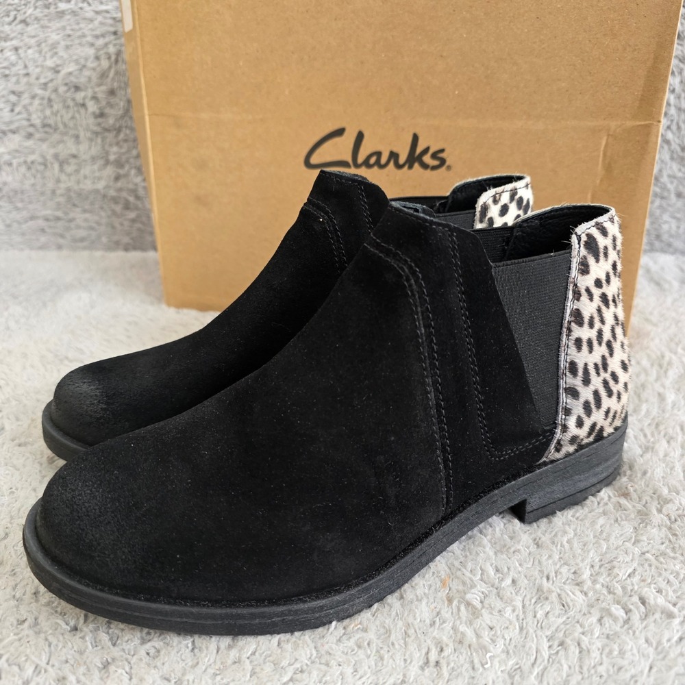 Clarks Demi2 Beat Black Suede‎ Leopard Print Ankle Boots Women's Size 6 M NEW